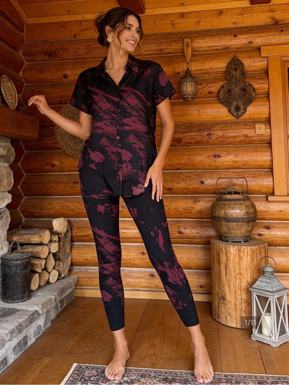 DOPE Black & Burgundy Abstract Print Leggings Set